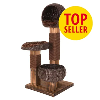 Kissan kiipeilypuu, kolme tasoa ja punottuja koreja, puiset tolpat. Keltainen ympyrä, jossa punaisella teksti TOP SELLER.