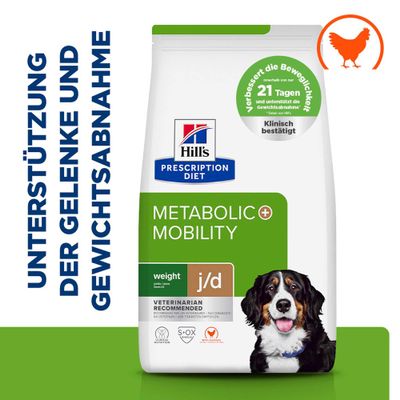 Hill's Prescription Diet Metabolic + Mobility j/d, unterstützt Gelenke und Gewichtsabnahme, verbessert Beweglichkeit in 21 Tagen, klinisch bestätigt, mit Huhn.