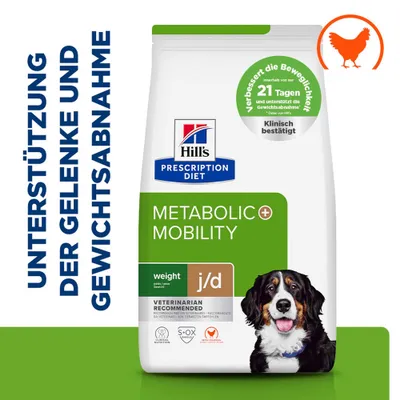 Hill's Prescription Diet Metabolic + Mobility j/d, unterstützt Gelenke und Gewichtsabnahme, verbessert Beweglichkeit in 21 Tagen, klinisch bestätigt, mit Huhn.