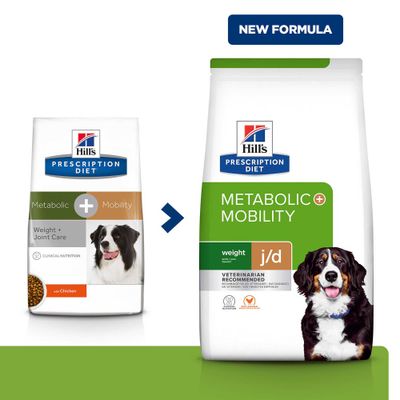 Hill's Prescription Diet Metabolic + Mobility Hundefutter: links alte Verpackung, rechts neue Verpackung mit Hinweis 'NEW FORMULA'. Beide zeigen Hundebild und Produktnamen.