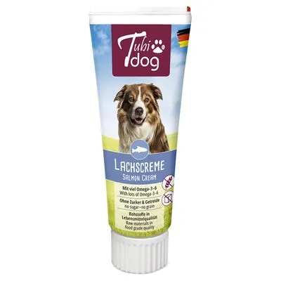 Tubi Dog Lachscreme Salmon Cream, met veel Omega-3-6, zonder suiker & granen, grondstoffen in levensmiddelenkwaliteit. Hond op de verpakking zichtbaar.