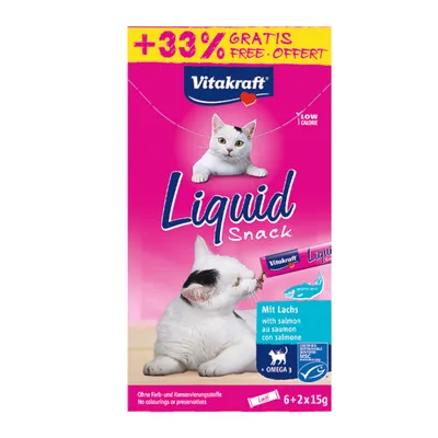 Vitakraft Liquid Snack mit Lachs, Omega-3, ohne Farb- und Konservierungsstoffe. Packung enthält 6+2 x 15g. Niedriger Kaloriengehalt, zertifiziert nachhaltig MSC.