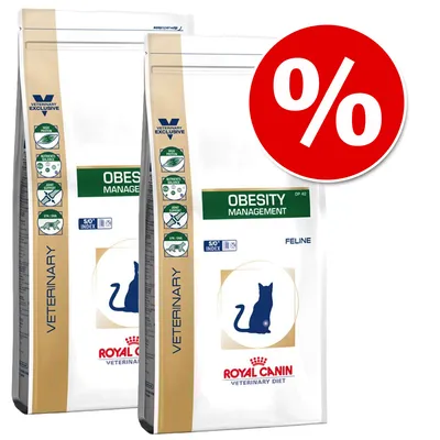 Royal Canin Veterinary Diet Obesity Management Feline, zwei Packungen mit Rabatt-Symbol. Spezielles Diätfutter für Katzen zur Gewichtsreduktion.