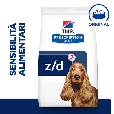 Confezione di Hill's Prescription Diet z/d per cani, scritta 'Sensibilità alimentari' a sinistra e simbolo ciotola con testo 'Original' in alto a destra.