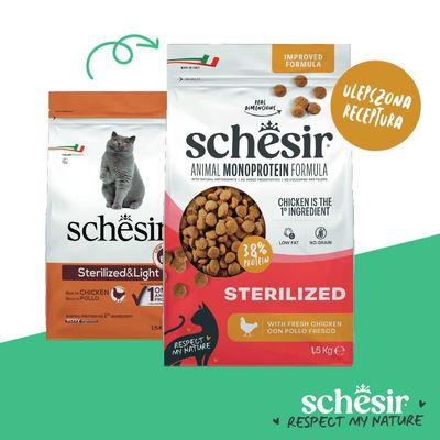 Schesir Animal Monoprotein Formula Sterilized z kurczakiem jako głównym składnikiem, 38% białka, bez zbóż, niska zawartość tłuszczu, ulepszona receptura, 1,5 kg. Z świeżym kurczakiem.