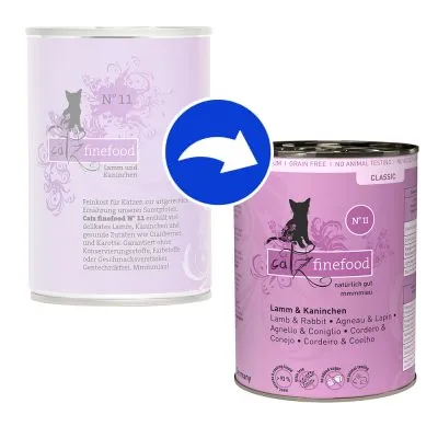 Förändring av förpackning: catz finefood N°11 Lamm & Kanin, visar gammal och ny burk med synlig produkttext på båda.