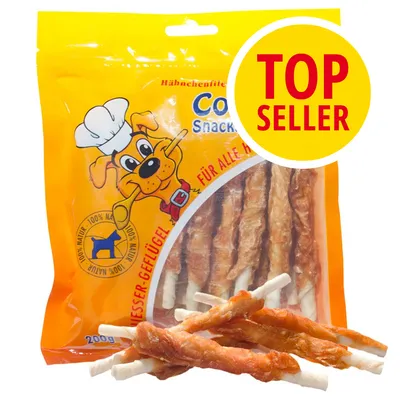 Confezione da 200 g di snack per cani con pollo, marchio Cool Snack, testo visibile: 'TOP SELLER', '100% Natur', immagine di bastoncini avvolti da carne.