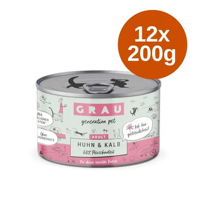 GRAU generation pet ADULT Huhn & Kalb 68% Fleischanteil, 12x200g konzerv, feliratok: Mit natürlichen Zutaten, Ohne Zuckerzusatz, Ich bin getreidefrei!