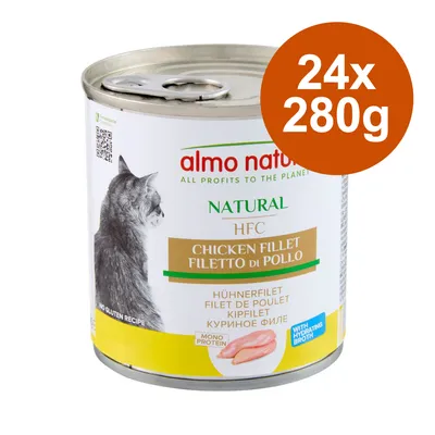 Almo Nature Natural HFC kycklingfilé i buljong, 24x280g. Glutenfri sammansättning, monoprotein. Produktbild med katt och ingrediensinformation.