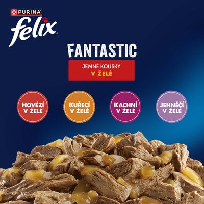 Purina Felix Fantastic, jemné kúsky v želé. Varianty: hovädzie v želé, kuracie v želé, kačacie v želé, jahňacie v želé.