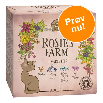 Rosie's Farm 4 Varieties kattemad, smagsvarianter: Chicken, Turkey & Duck, Salmon, Chicken & Shrimp, Lamb & Chicken. Tekst: Prøv nu! Grain Free Recipe. Adult.