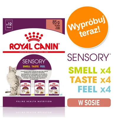 ROYAL CANIN SENSORY SMELL x4, TASTE x4, FEEL x4, 12 x 85 g w sosie. Wypróbuj teraz! Opakowanie z kotem i trzema rodzajami saszetek widoczne na froncie.