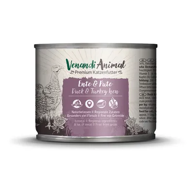 Venandi Animal Premium kattenvoer, eend & kalkoen. Natuurlijk, regionale ingrediënten, extra veel vlees, graanvrij.