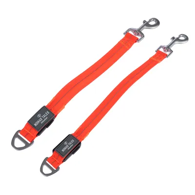 Zwei orangefarbene Hundeleinen mit Metallkarabinern und schwarzem Logoaufdruck 'Nomad Tales'.