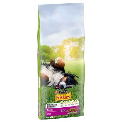Confezione di crocchette per cani Purina Friskies Maxi, 12 kg. Testo visibile: 5 promesse, Maxi, con manzo e verdure.