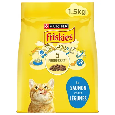 Purina Friskies Katzenfutter, 1.5kg, mit Lachs und Gemüse. Verpackung zeigt '5 Promesses' und eine orangefarbene Katze. Purina Friskies Katzenfutter, 1.5kg, mit Lachs und Gemüse. Verpackung zeigt '5 Promesses' und eine orangefarbene Katze.