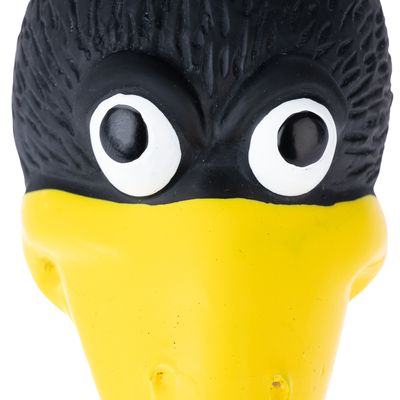 Igračka za pse u obliku ptice s crnom glavom i žutim kljunom.
