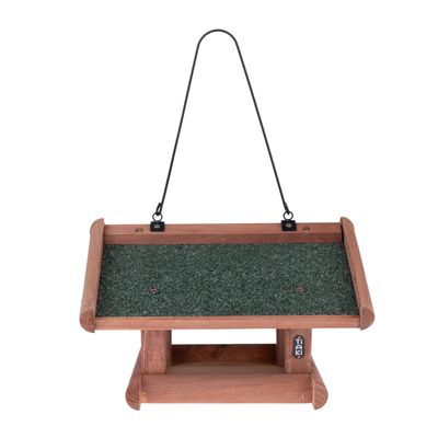 Wiszący domek dla ptaków z drewna z zielonym dachem i metalowym zawieszeniem, marka Tiaki.