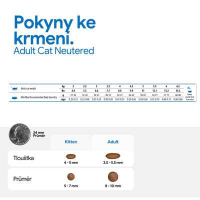Doporučení pro krmení pro kastrované dospělé kočky: denní množství podle hmotnosti v kg a g, průměr a tloušťka granulí pro koťata a dospělé jsou uvedeny.