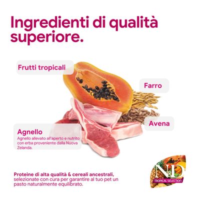 Componenti di alta qualità: frutta tropicale, farro, avena e agnello. Agnello dalla Nuova Zelanda, alimentato con erba. Proteine e cereali antichi per pasti equilibrati.