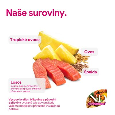 N&D Tropical Selection: Prísady tropické ovocie, ovos, špalda, ASC-certifikovaný losos bez antibiotík z Nórska. Kvalitné bielkoviny a pôvodné obilniny.