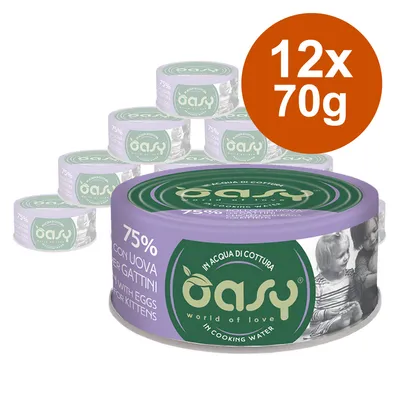 Oasy cibo per gattini, 12x70g lattine, 75% con uovo, in acqua di cottura.