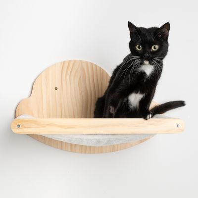 Vägghylla i ljust trä i molnform med vit, mjuk klädsel. Lämplig för montering på väggen.