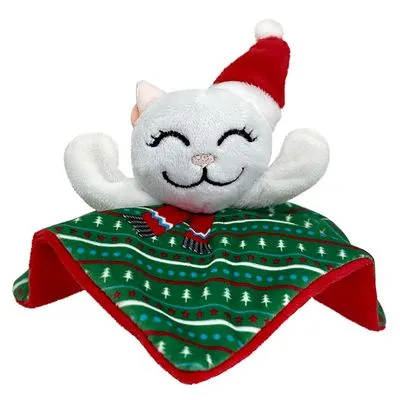 Pluche kattenspeeltje met kerstmotief: witte kat met rode kerstmuts, groene doek met bomen en strepen. Materiaal: stof.