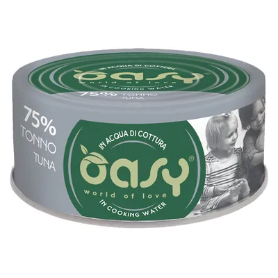 Oasy Dose con 75% tonno, in acqua di cottura. Marchio Oasy, World of Love.