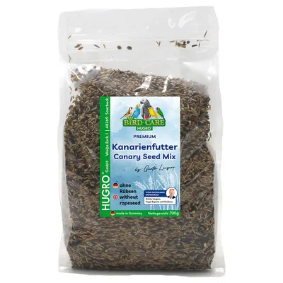 Bird-Care Hugro Premium Kanarienfutter, ohne Rübsen, entwickelt von Günter Lengner, Nettogewicht 700g, made in Germany.