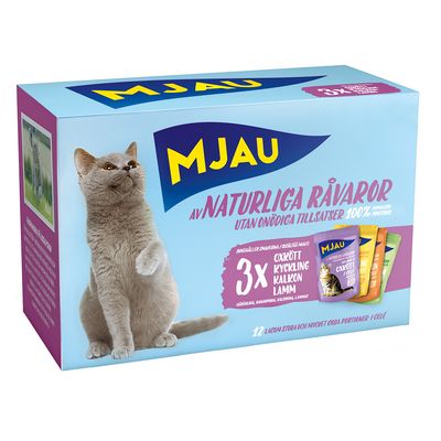 Ekonomipack: Mjau Cat Pouch 48 x 85 g Mixpack Köttmeny i gelé (4 sorter)