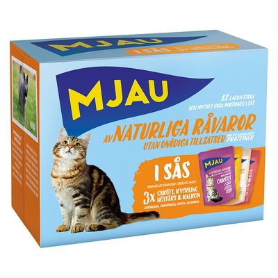 Mjau Cat Pouch 12 x 85 g Mixpack Köttmeny i sås (4 sorter)