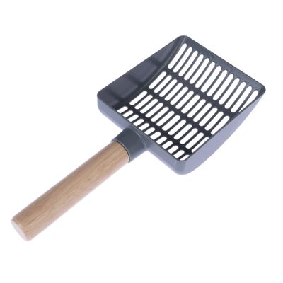 Łopatka do kuwety z szarą powierzchnią sitka i drewnianą rączką, odpowiednia do czyszczenia żwirku dla kotów.