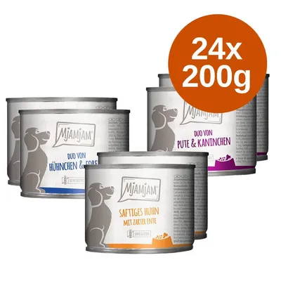 Zestaw 24 puszek po 200 g MjAMjAM dla psa: Saftiges Huhn mit zarter Ente, Duo von Hühnchen & Pferd, Duo von Pute & Kaninchen. Widoczne etykiety w języku niemieckim. Zestaw 24 puszek po 200 g MjAMjAM dla psa: Saftiges Huhn mit zarter Ente, Duo von Hühnchen & Pferd, Duo von Pute & Kaninchen. Widoczne etykiety w języku niemieckim.