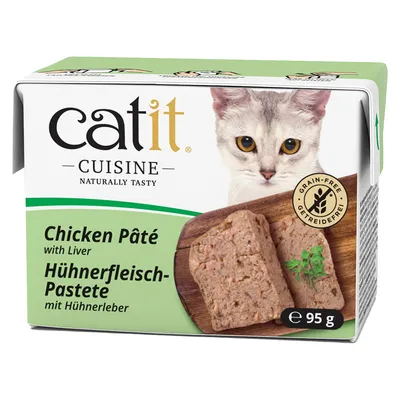 Catit Cuisine Hühnerfleisch-Pastete mit Hühnerleber, getreidefrei, 95g. Verpackung zeigt Produkt und Katze.