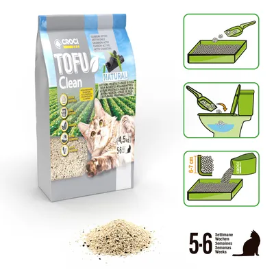 Croci Tofu Clean żwirek dla kotów, roślinny, z węglem aktywnym. Instrukcja: wsypać 6-7 cm, usuwać grudki, wyrzucać do toalety. Trwałość: 5-6 tygodni. Opakowanie: 4,5 kg.