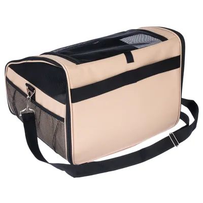 Transporttasche aus beige-schwarzem Stoff mit Netzfenstern und verstellbarem Schultergurt. Seitentaschen und Metallhaken sichtbar.