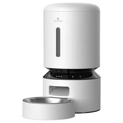 Petlibro automatischer Futterspender in Weiss mit Edelstahl-Futterschale und Bedienfeld für Einstellungen.