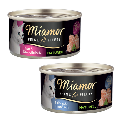 Lot de 24 boîtes Miamor Feine Filets Huhn & Thun Naturell, 80 g chacune. Étiquette avec image de chat et filet de viande, mention 100 % filet visible.