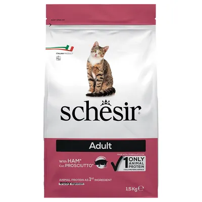 Schesir Adult kattenvoer met ham, 1,5 kg. Italiaans product, dierlijk eiwit als eerste ingrediënt, licht verteerbaar, slechts één dierlijke eiwitbron.
