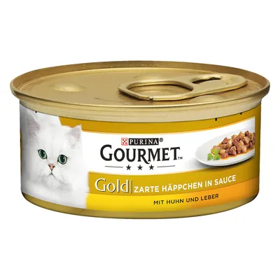 PURINA Gourmet Gold Zarte Häppchen in Sauce, mit Huhn und Leber. Abbildung einer weißen Katze und eines Tellers mit Fleischstücken auf der Dose.