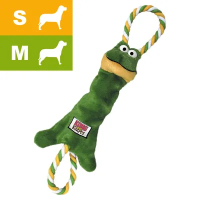 KONG Knots grön leksak i form av groda med rep, synlig etikett. Storleksangivelse: S och M med siluetter av hundar.