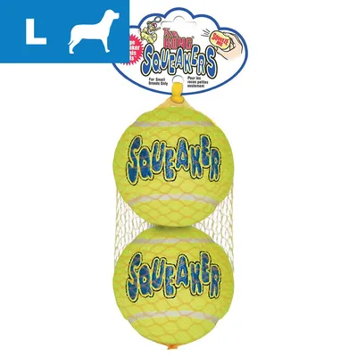 KONG Squeakers -pakkaus, jossa kaksi keltaista tennispalloa verkossa. Palloissa teksti 'Squeaker'. Yläosassa kokomerkintä L ja koiran siluetti.