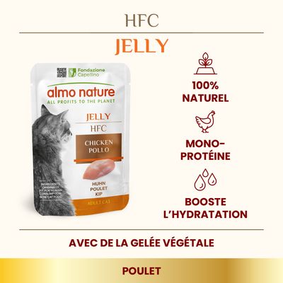 almo nature HFC Jelly Chicken Pollo pour chat adulte, 100 % naturel, mono-protéine, booste l’hydratation, avec de la gelée végétale, poulet. Texte en anglais et néerlandais visible.