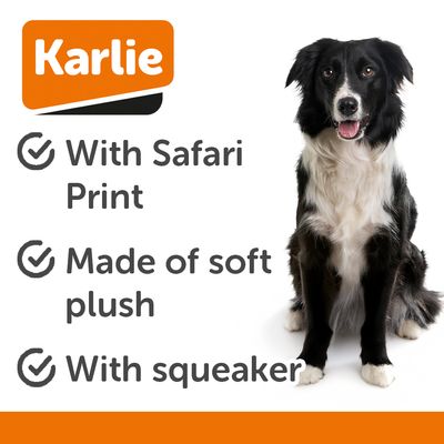 Hračka ve tvaru kosti s leopardím vzorem a černými textilními prvky, vhodná pro domácí mazlíčky.