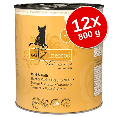 catz finefood marha és borjú konzerv, 12×800 g. Felirat: természetes, mmmmiau, nincs hozzáadott cukor, nem tesztelték állatokon, gabonamentes, ≥96% húsrész.
