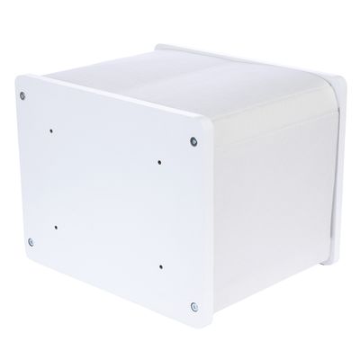 Vit kvadratisk låda med vadderat tygöverdrag och skruvhål på undersidan, lämplig för montering eller tillbehörsinstallation.