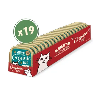 Pack of 19 Lily's Kitchen Organic Paté trays, labelled as fish flavour and organic, displayed in a red box with cat illustration. Each tray is 85g.