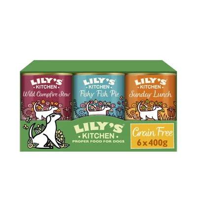 Three cans labelled Wild Campfire Stew, Fishy Fish Pie, and Sunday Lunch. Grain free. Pack contains 6 x 400g. Proper food for dogs.