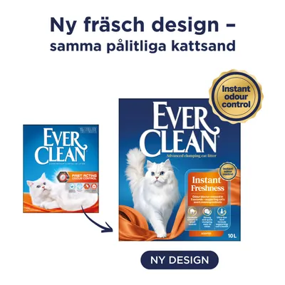 Ever Clean kattsand med ny design, Instant Freshness, 10 L, omedelbar luktkontroll. Jämför gammal och ny förpackningsdesign.